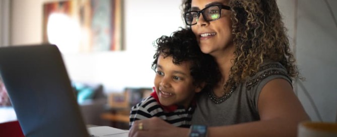 Mother and Son Learning Remotely